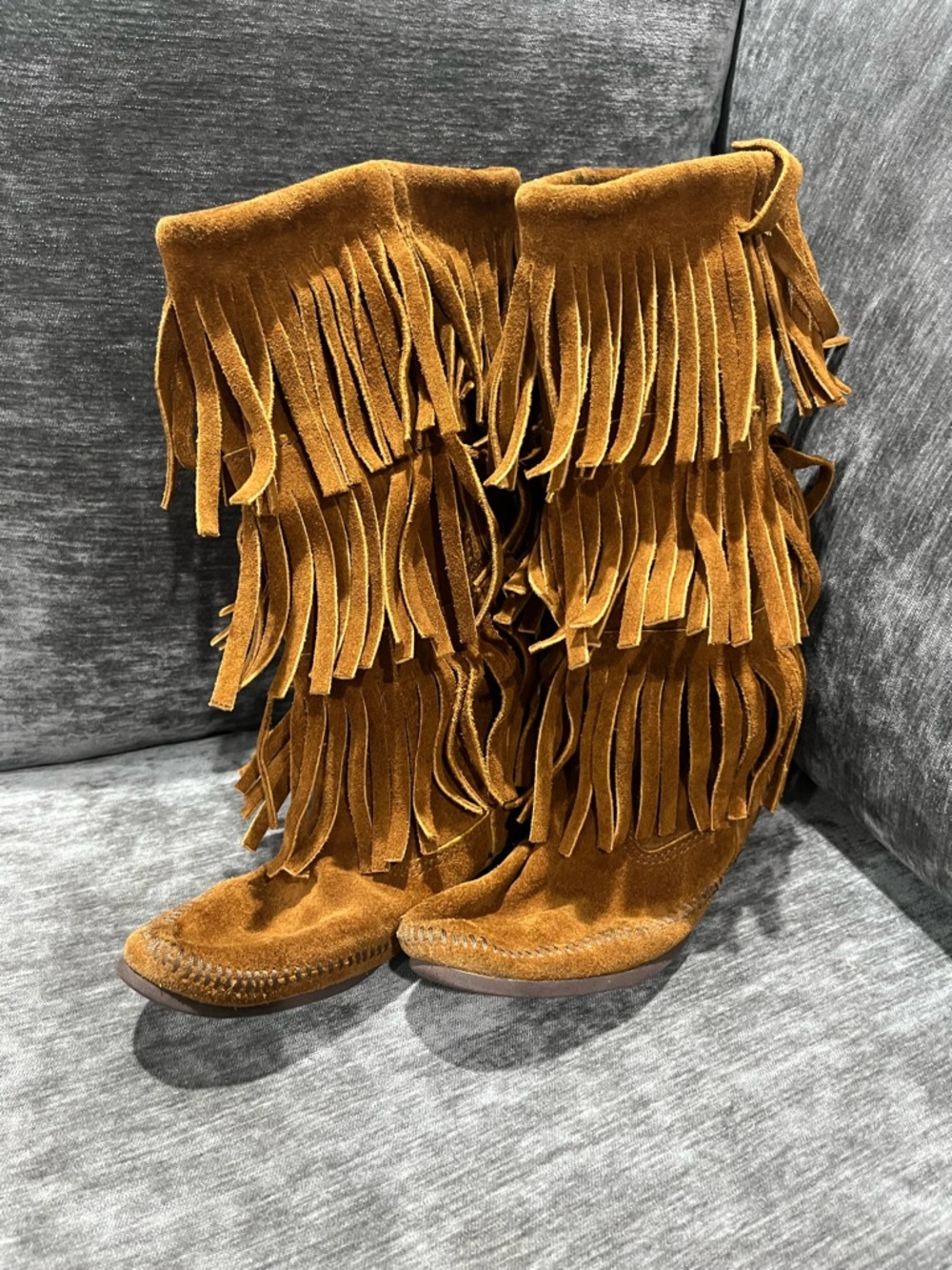 Minnetonka Fringe Suede Boots - Chestnut Brown